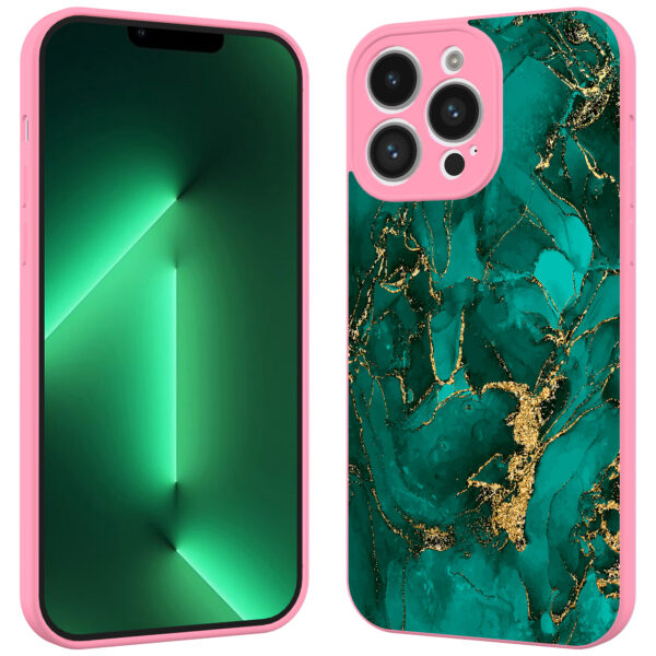 iPhone 13 Pro Max telefoonhoesje met goud groen marmer opdruk roze (2)
