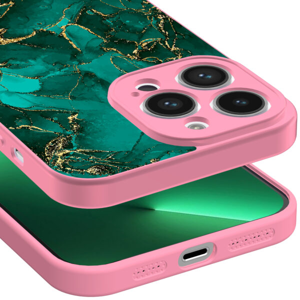 iPhone 13 Pro Max telefoonhoesje met goud groen marmer opdruk roze (3)