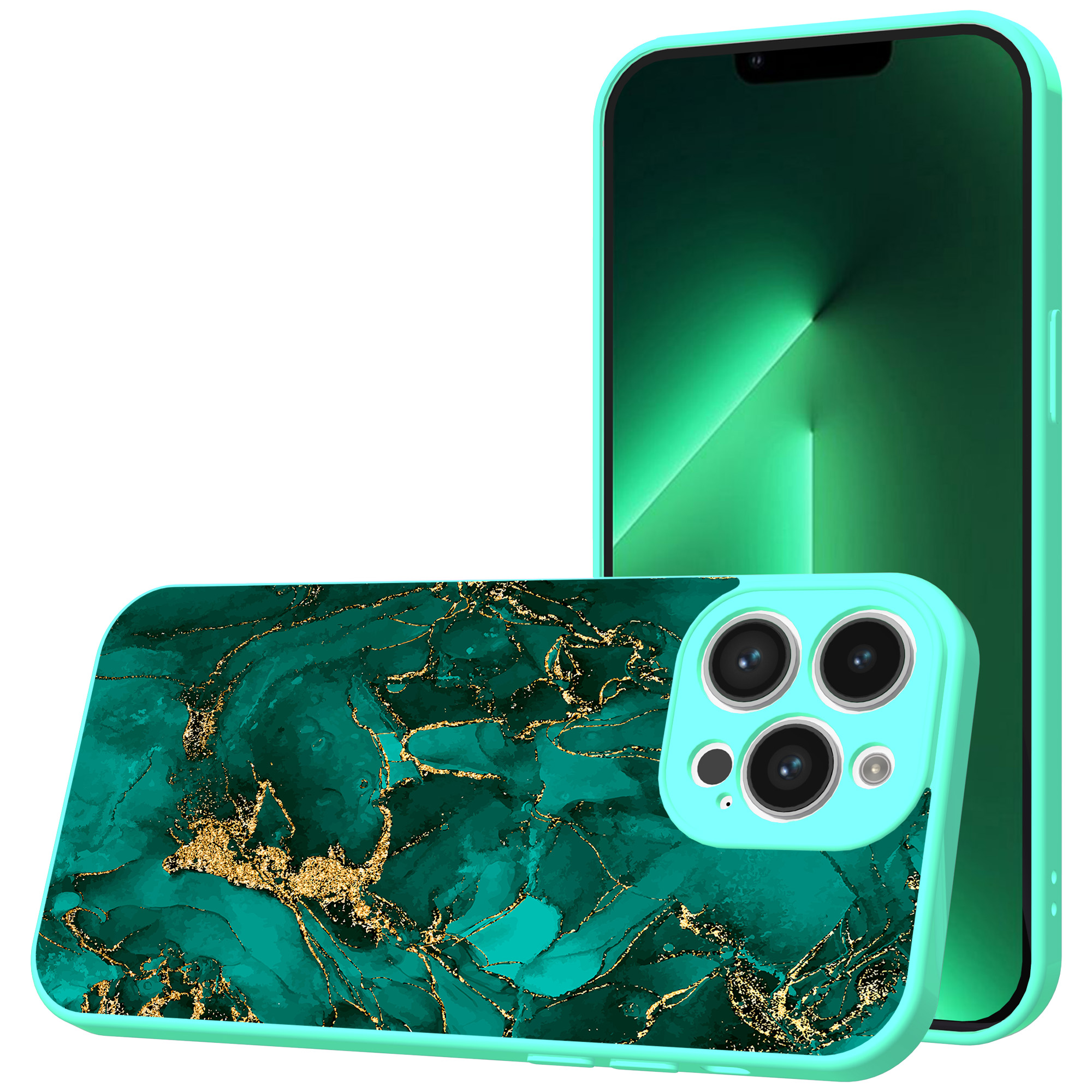 iPhone 13 Pro Max telefoonhoesje met goud groen marmer opdruk turqoise (1)
