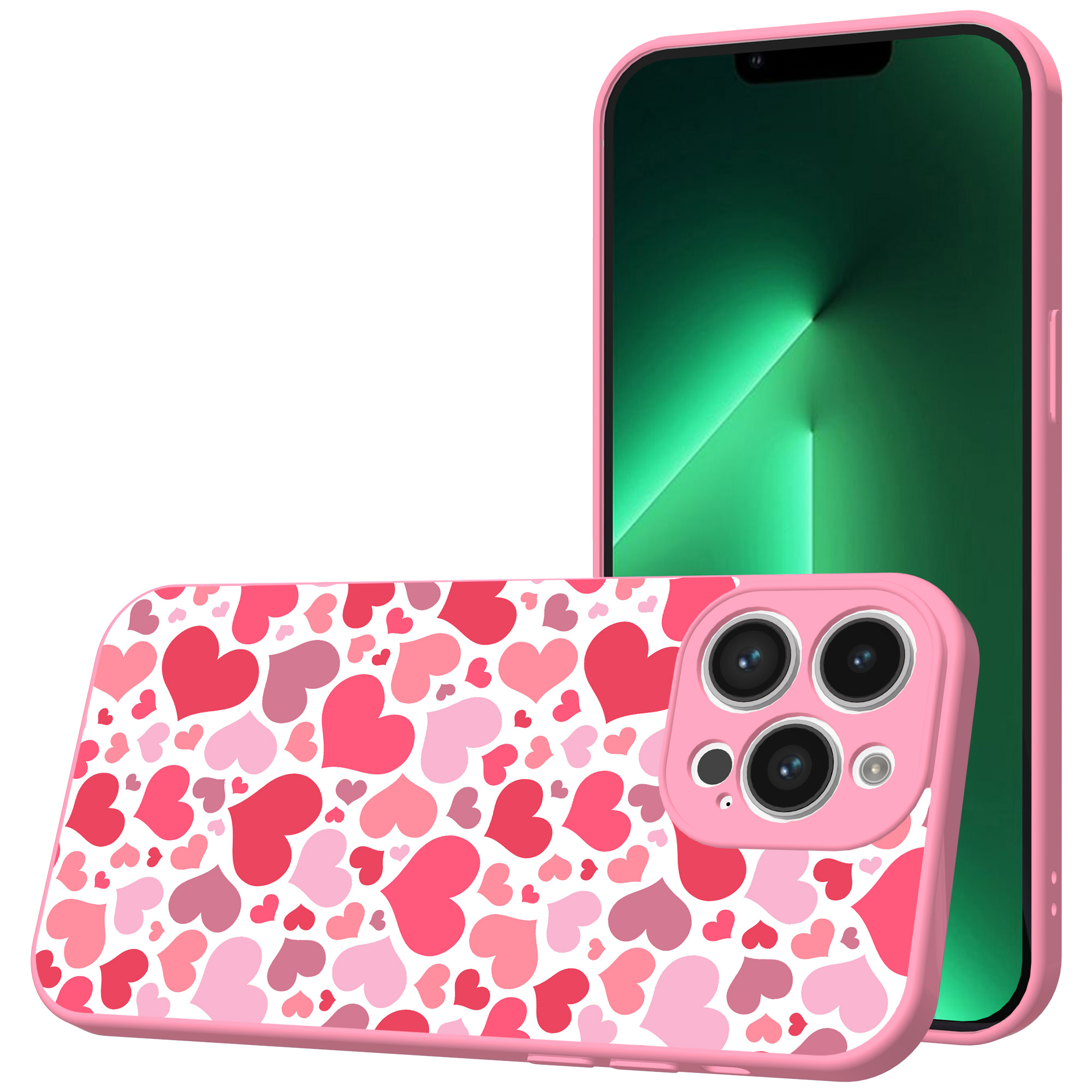 iPhone 13 Pro Max telefoonhoesje met hartjes opdruk roze (1)