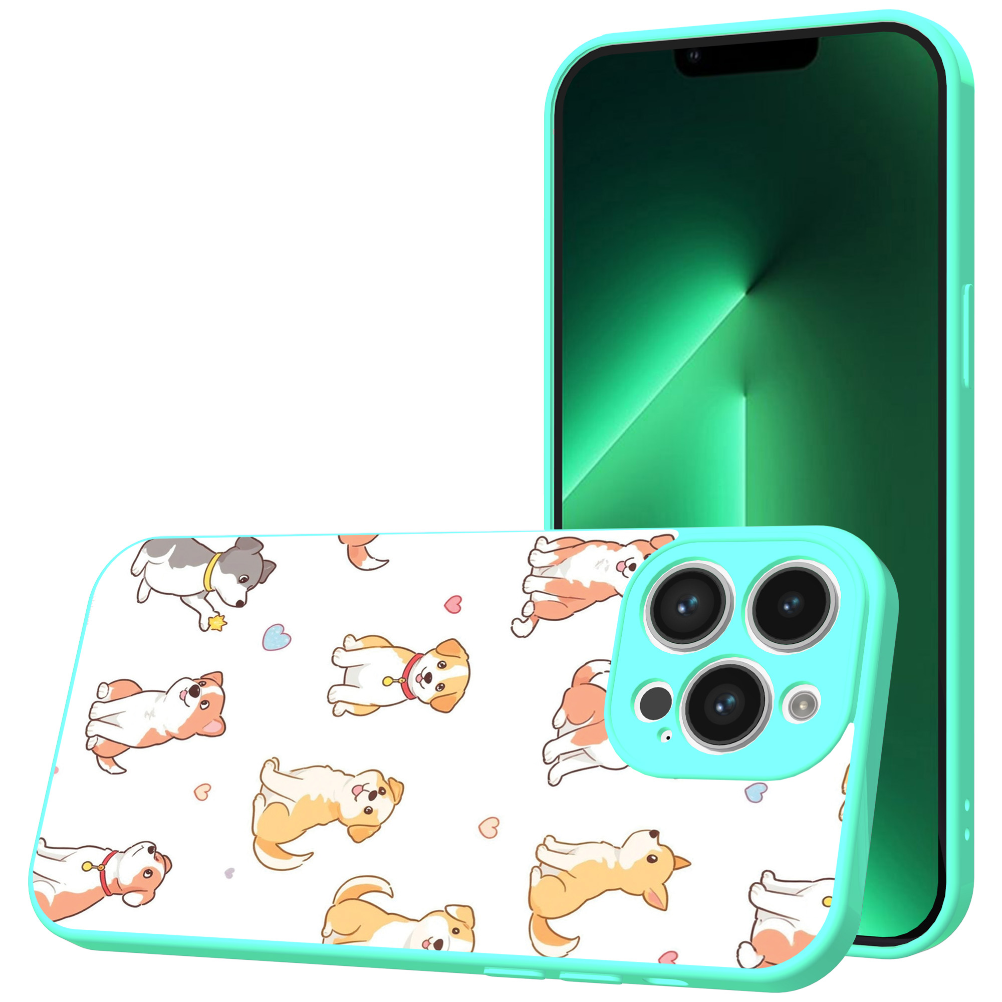 iPhone 13 Pro Max telefoonhoesje met honden opdruk turqoise (1)