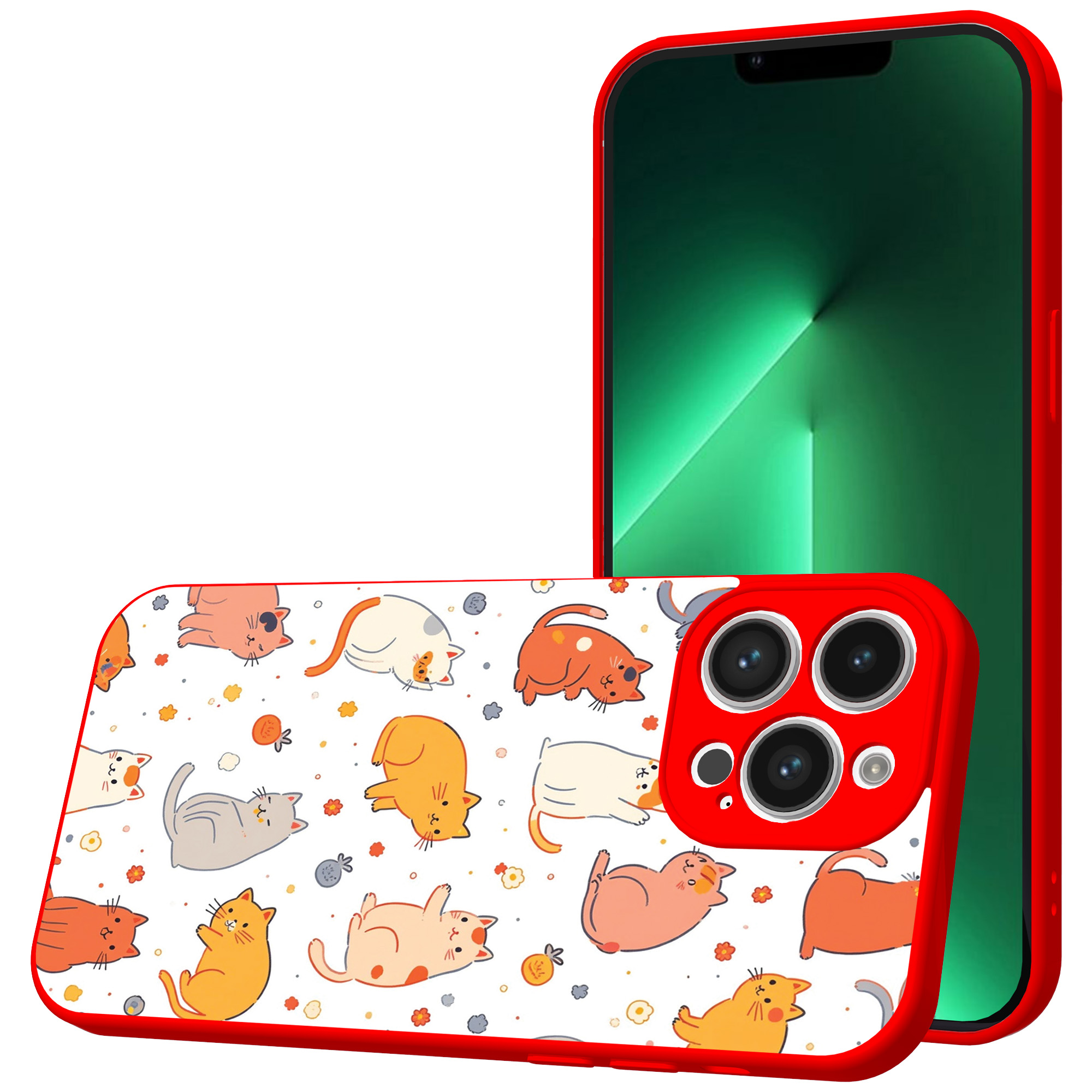iPhone 13 Pro Max telefoonhoesje met katten en poezen opdruk rood (1)
