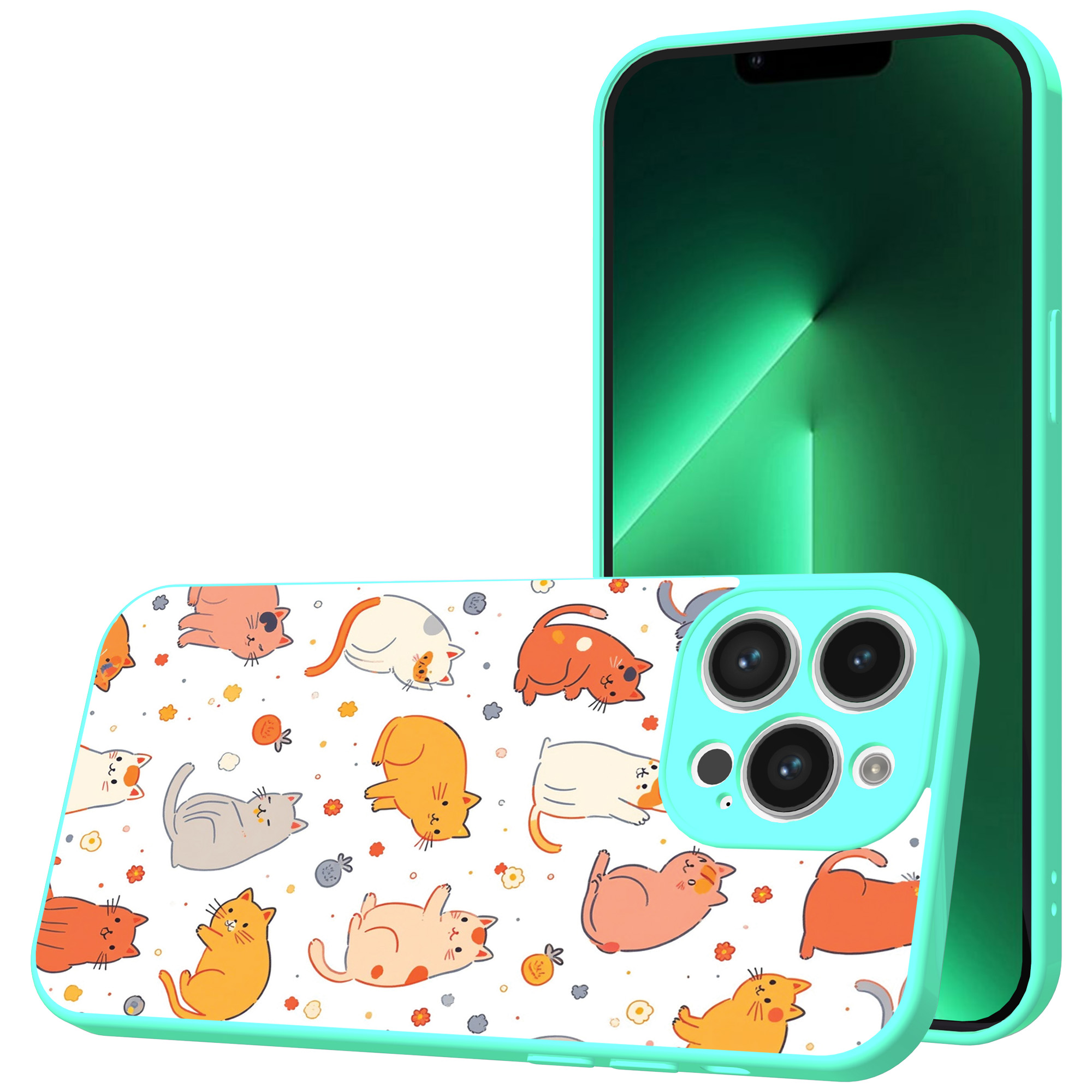 iPhone 13 Pro Max telefoonhoesje met katten en poezen opdruk turqoise (1)