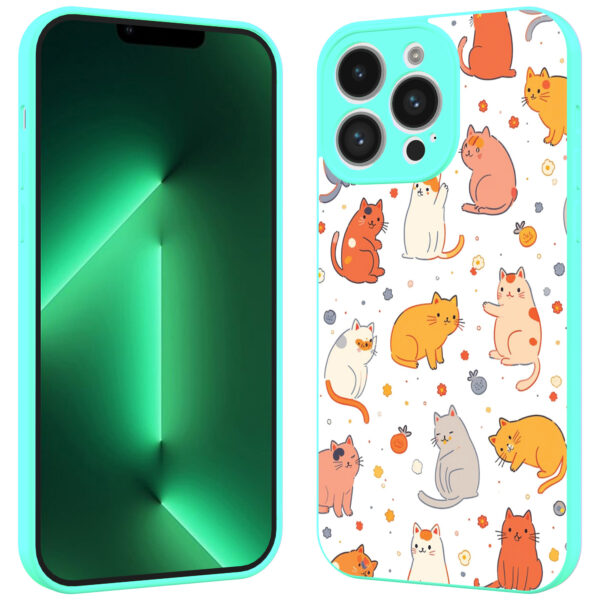 iPhone 13 Pro Max telefoonhoesje met katten en poezen opdruk turqoise (2)