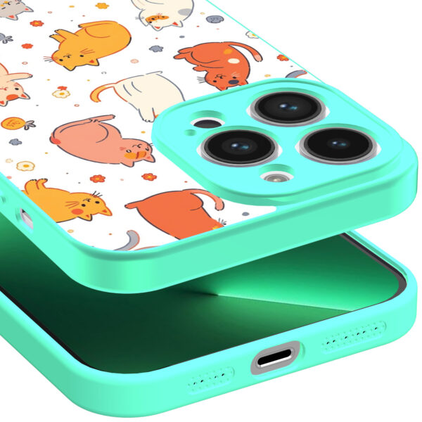 iPhone 13 Pro Max telefoonhoesje met katten en poezen opdruk turqoise (3)