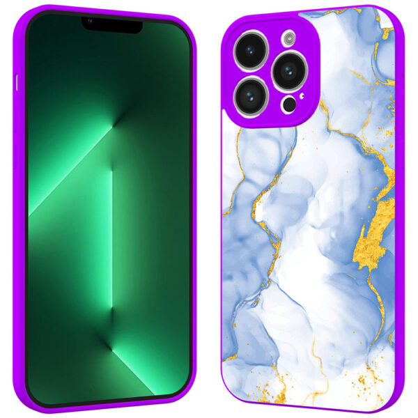 iPhone 13 Pro Max telefoonhoesje met lichtblauw goud marmer opdruk paars (2)