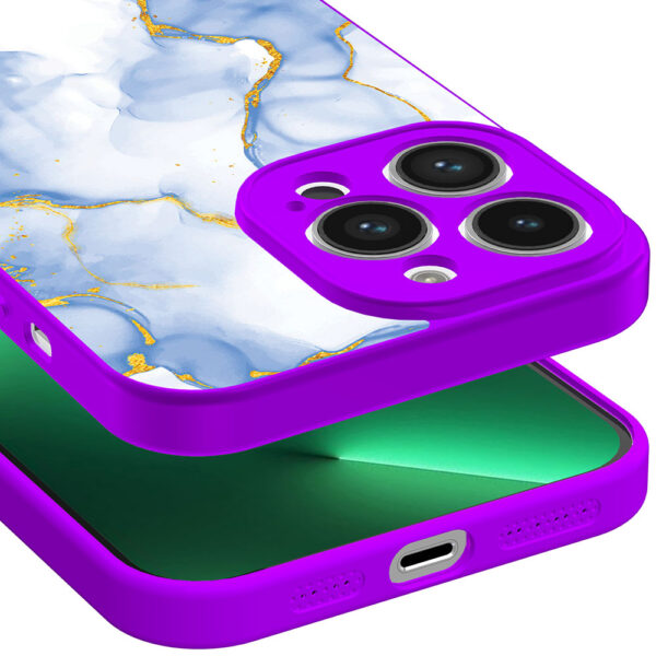 iPhone 13 Pro Max telefoonhoesje met lichtblauw goud marmer opdruk paars (3)