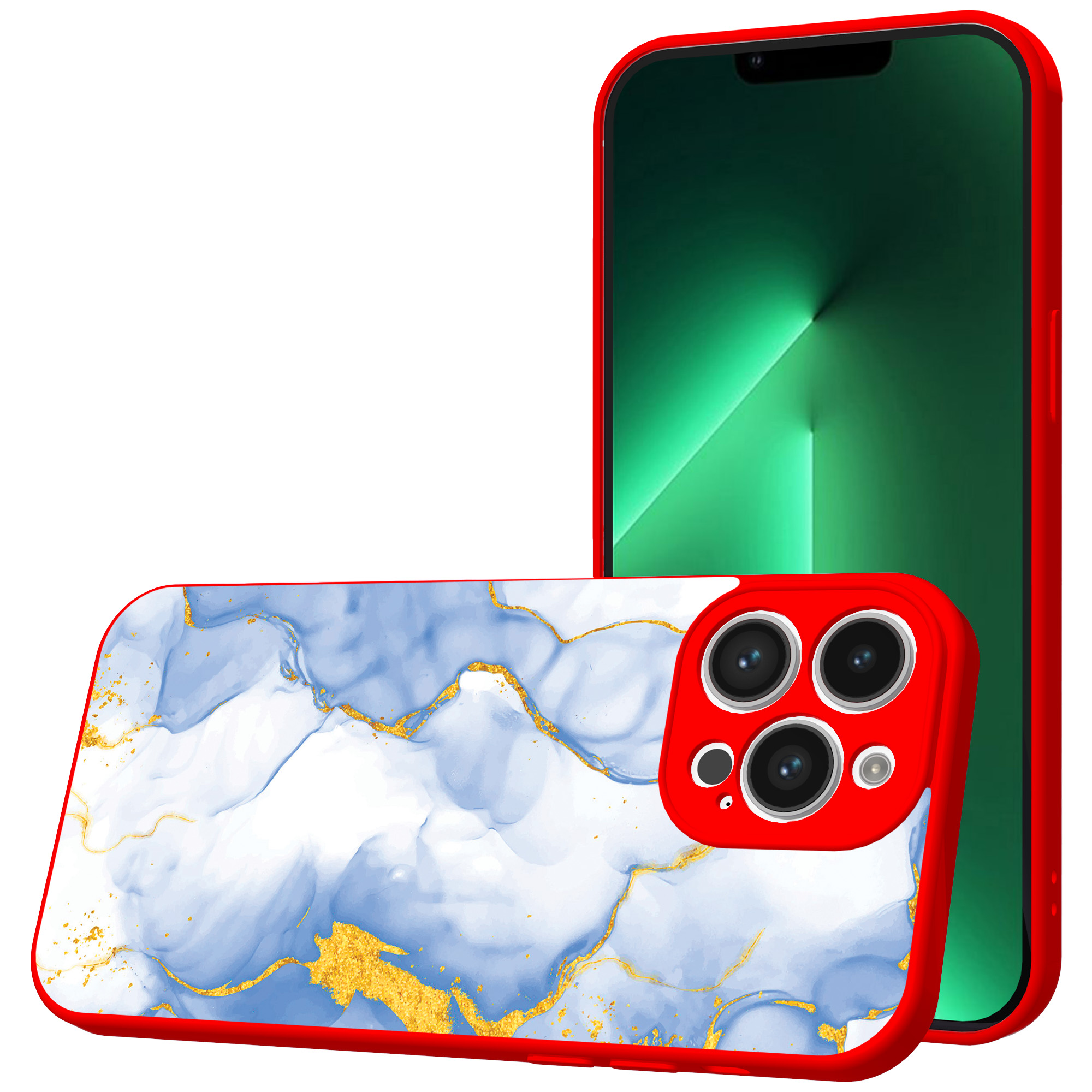 iPhone 13 Pro Max telefoonhoesje met lichtblauw goud marmer opdruk rood (1)