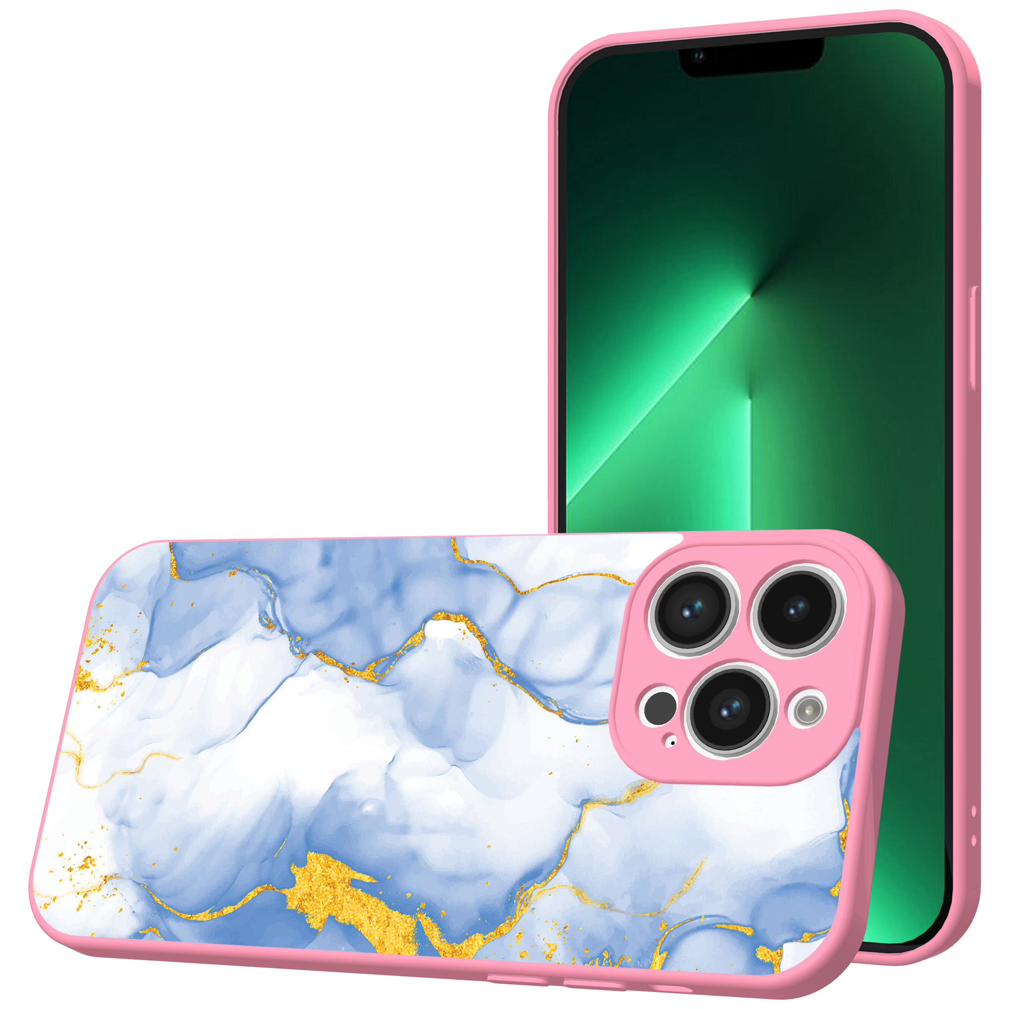 iPhone 13 Pro Max telefoonhoesje met lichtblauw goud marmer opdruk roze (1)