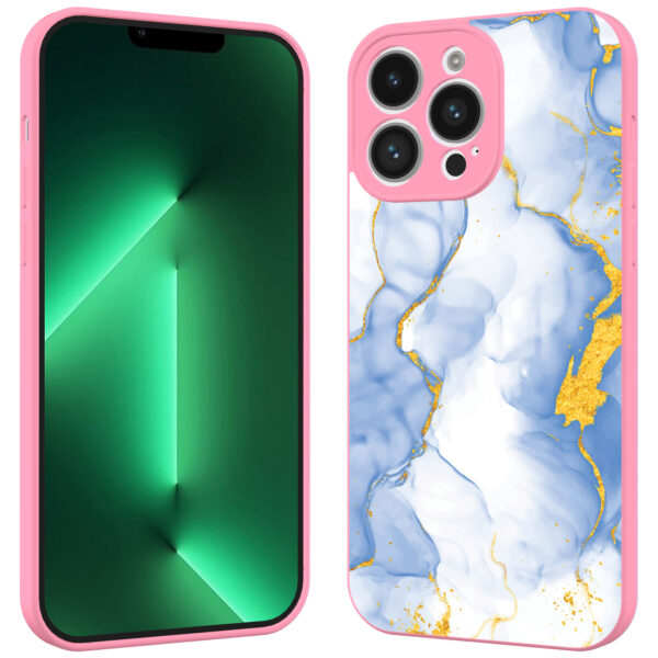 iPhone 13 Pro Max telefoonhoesje met lichtblauw goud marmer opdruk roze (2)