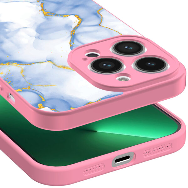 iPhone 13 Pro Max telefoonhoesje met lichtblauw goud marmer opdruk roze (3)