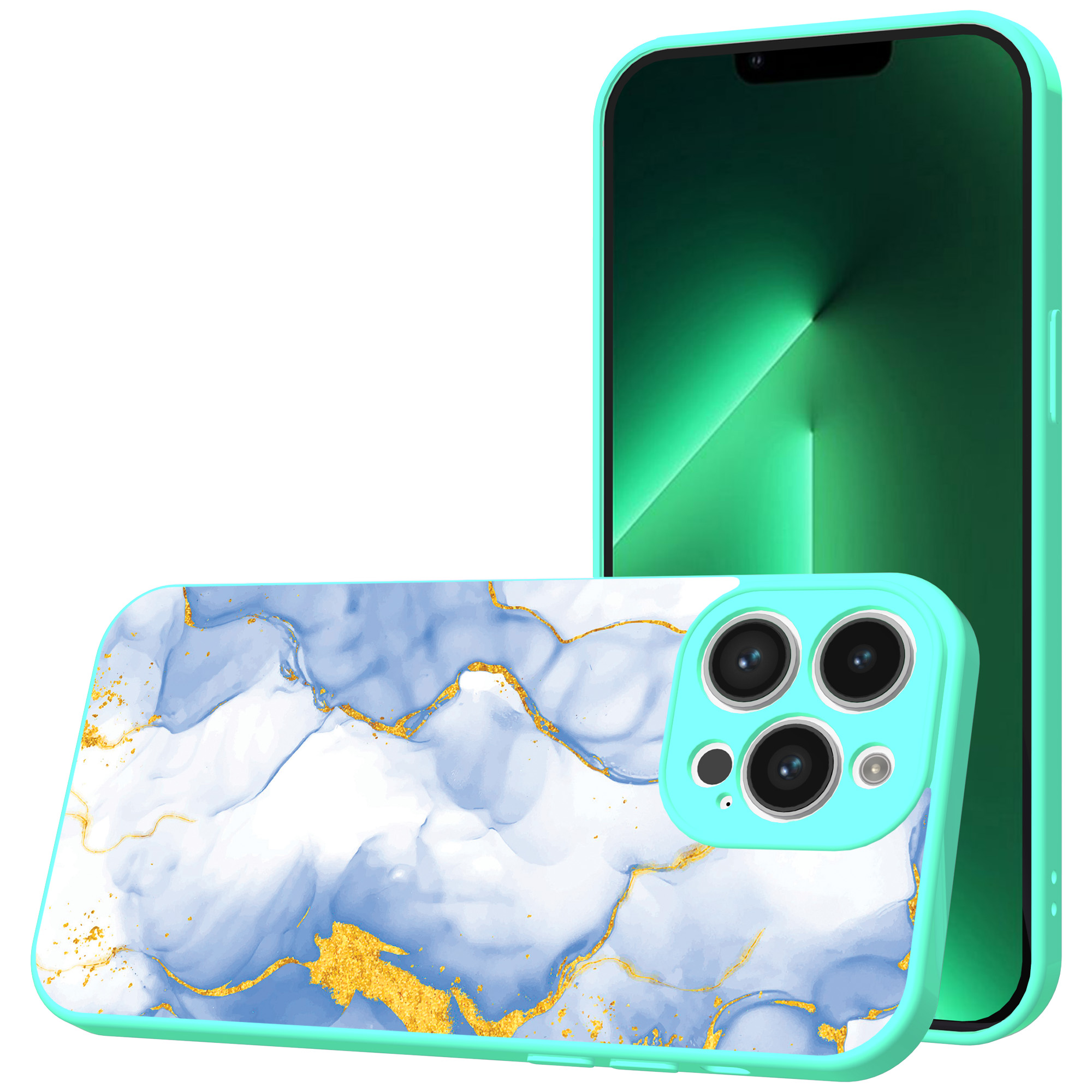 iPhone 13 Pro Max telefoonhoesje met lichtblauw goud marmer opdruk turqoise (1)