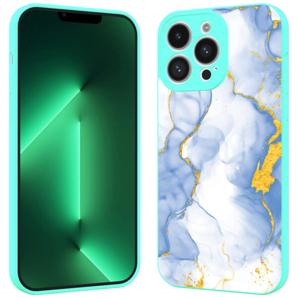 iPhone 13 Pro Max telefoonhoesje met lichtblauw goud marmer opdruk turqoise (2)