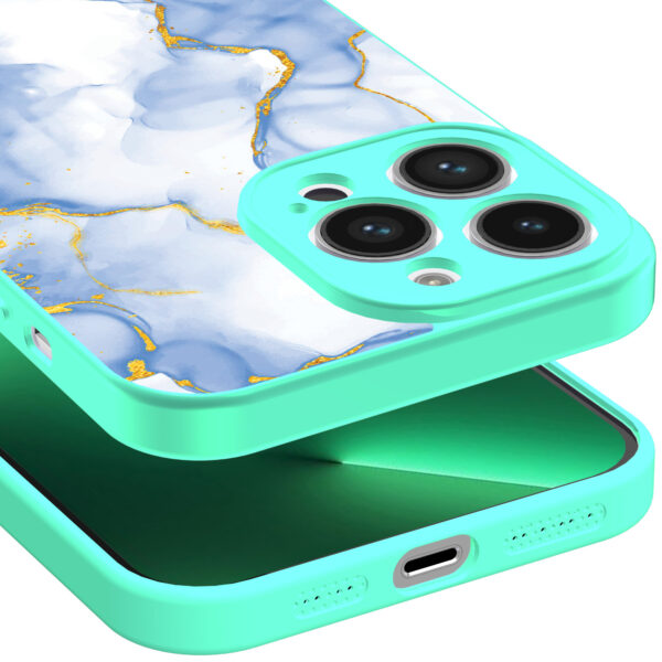 iPhone 13 Pro Max telefoonhoesje met lichtblauw goud marmer opdruk turqoise (3)