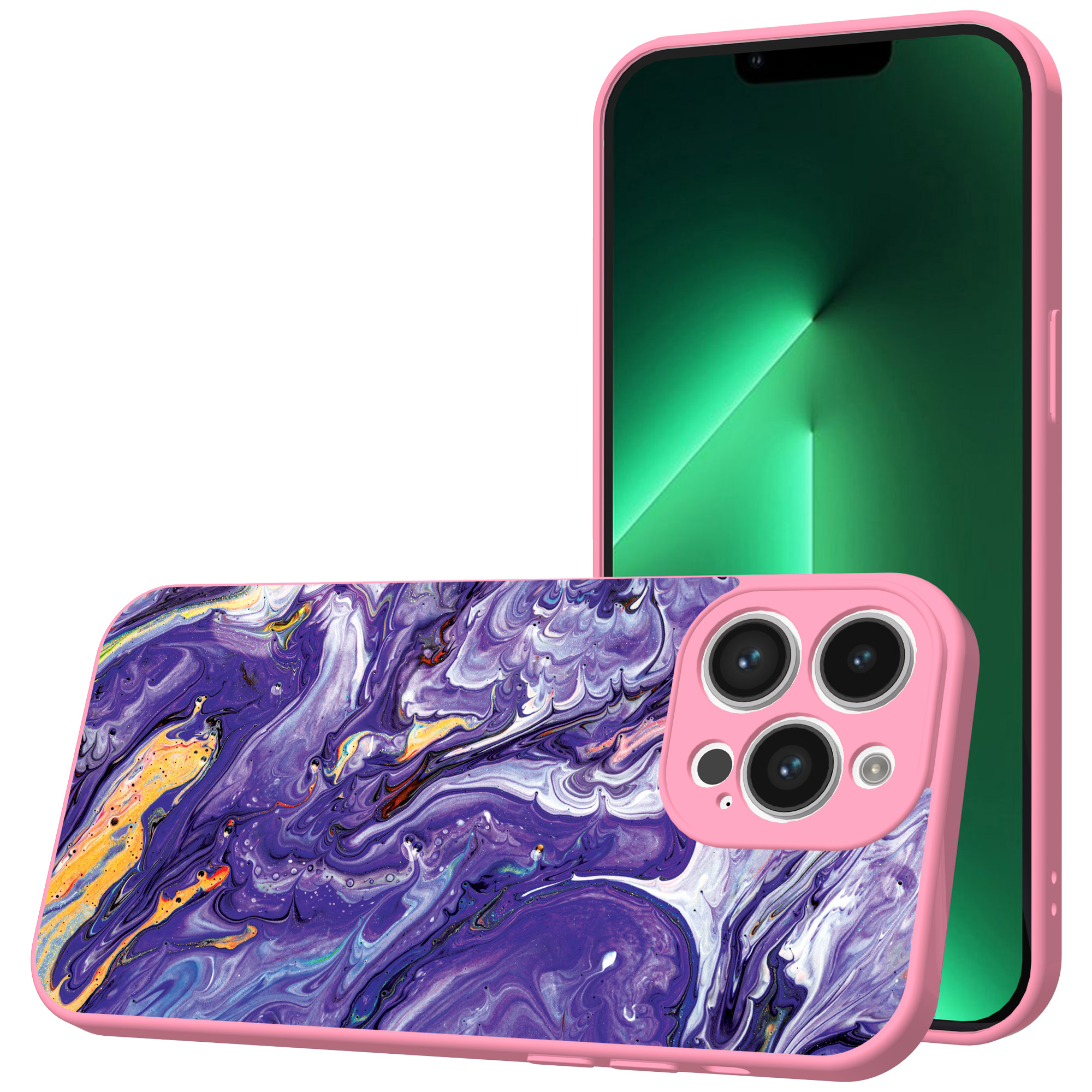 iPhone 13 Pro Max telefoonhoesje met paars goud marmer opdruk roze (1)
