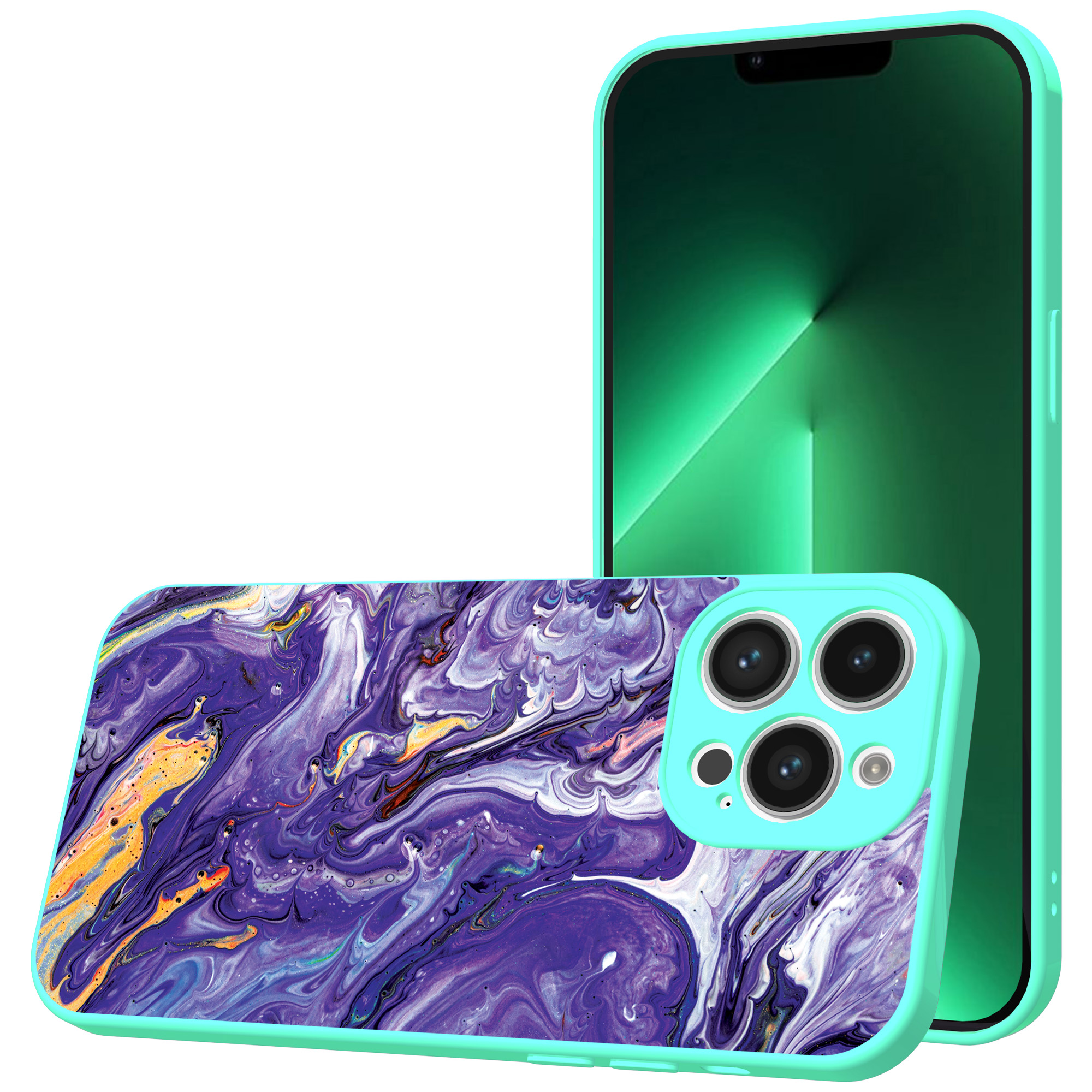 iPhone 13 Pro Max telefoonhoesje met paars goud marmer opdruk turqoise (1)