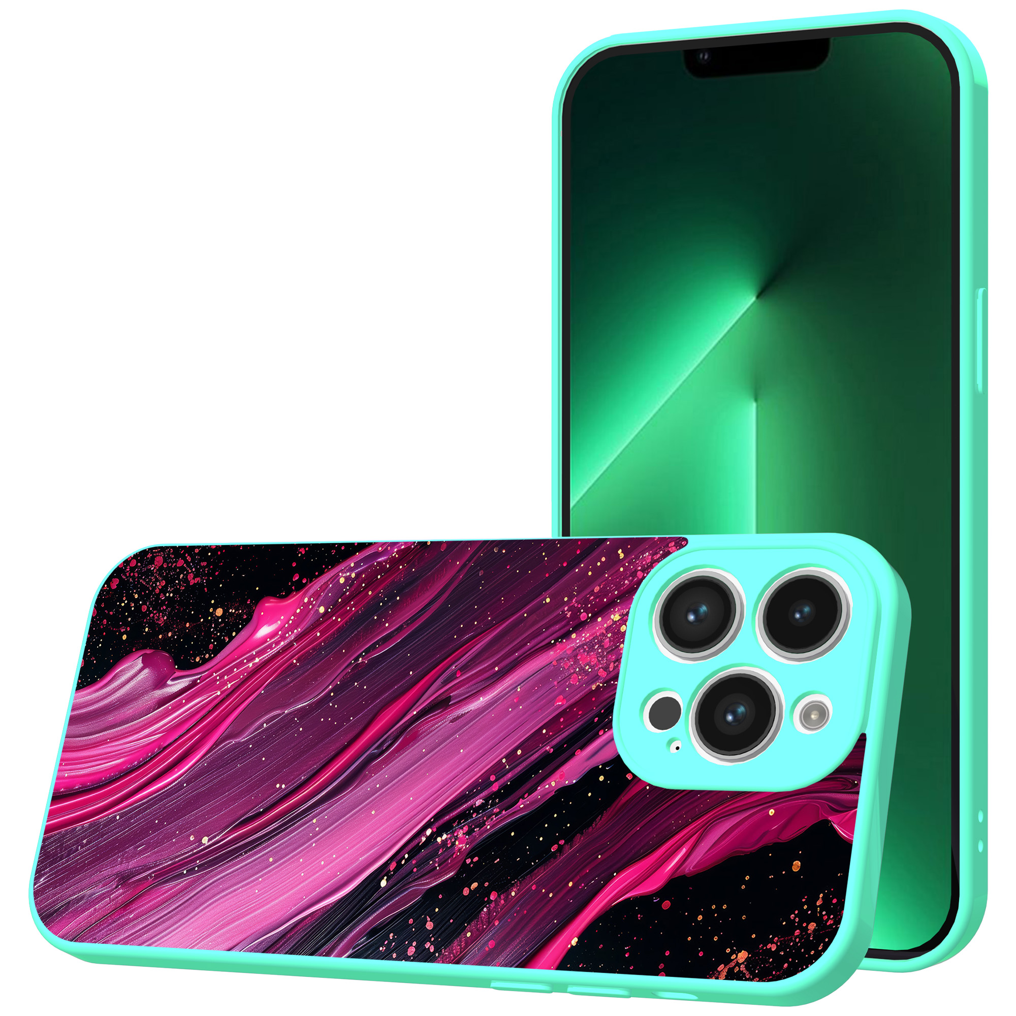 iPhone 13 Pro Max telefoonhoesje met paars roze marmer opdruk turqoise (1)