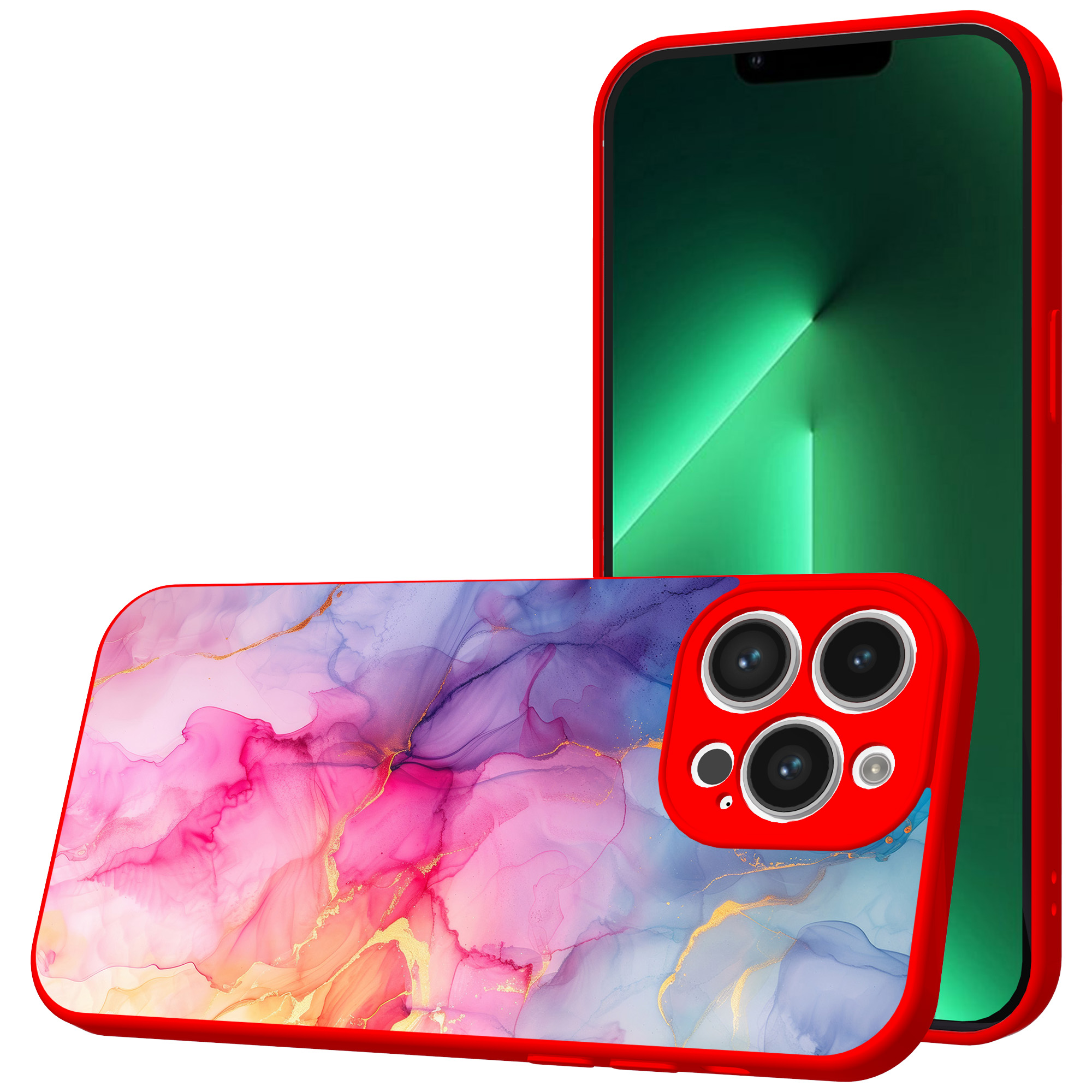 iPhone 13 Pro Max telefoonhoesje met regenboog marmer opdruk rood (1)