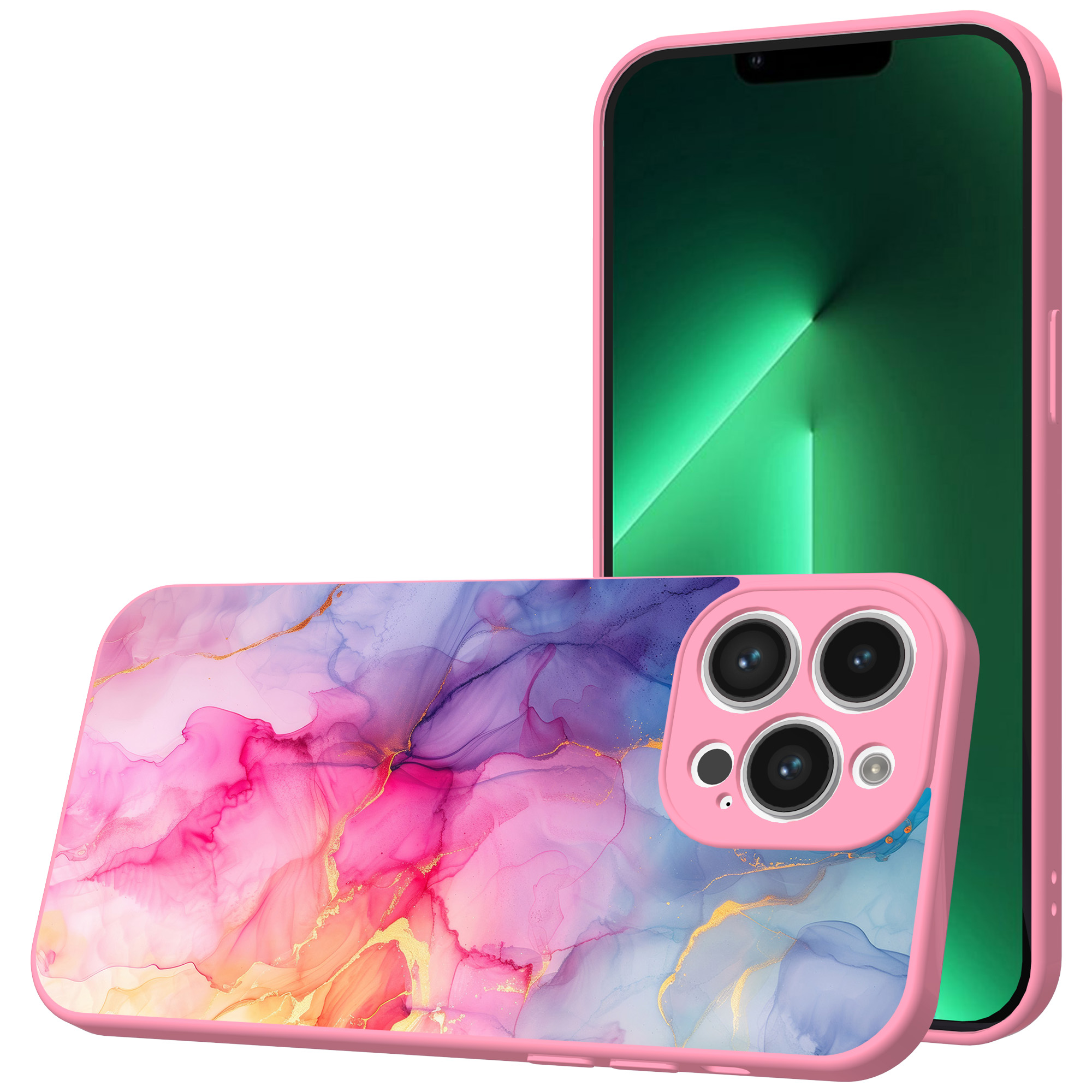 iPhone 13 Pro Max telefoonhoesje met regenboog marmer opdruk roze (1)