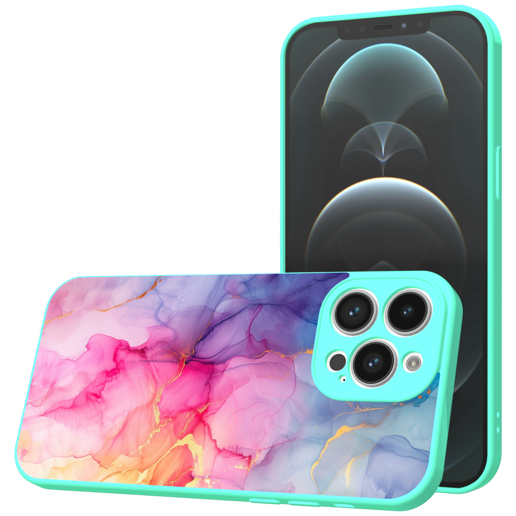 iPhone 13 Pro Max telefoonhoesje met regenboog marmer opdruk turqoise (1)
