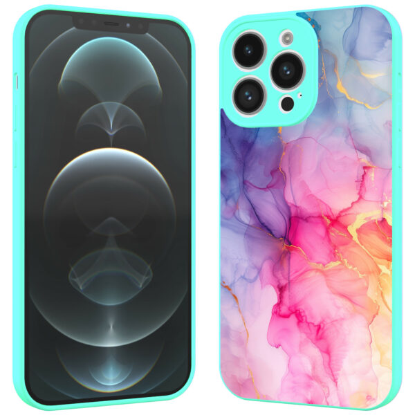 iPhone 13 Pro Max telefoonhoesje met regenboog marmer opdruk turqoise (2)