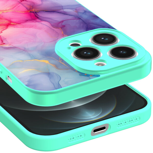 iPhone 13 Pro Max telefoonhoesje met regenboog marmer opdruk turqoise (3)