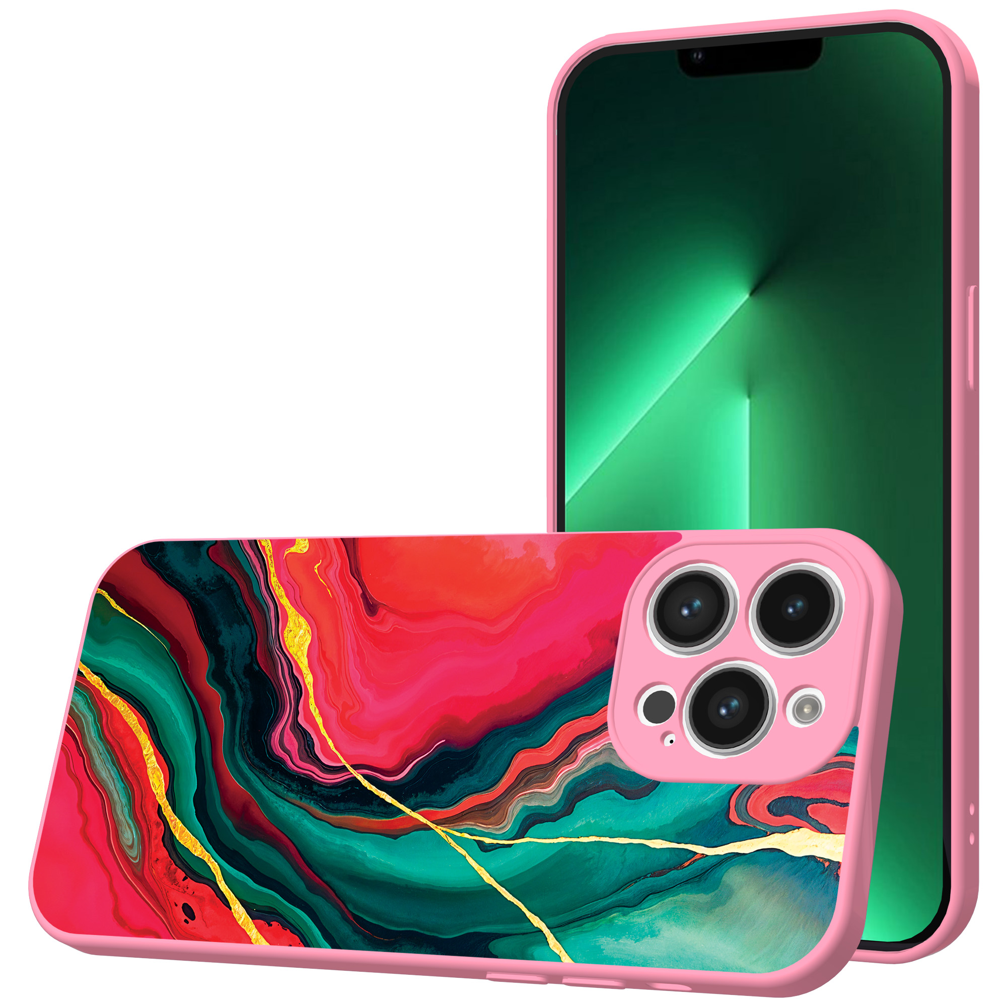 iPhone 13 Pro Max telefoonhoesje met rood groen marmer opdruk roze (1)
