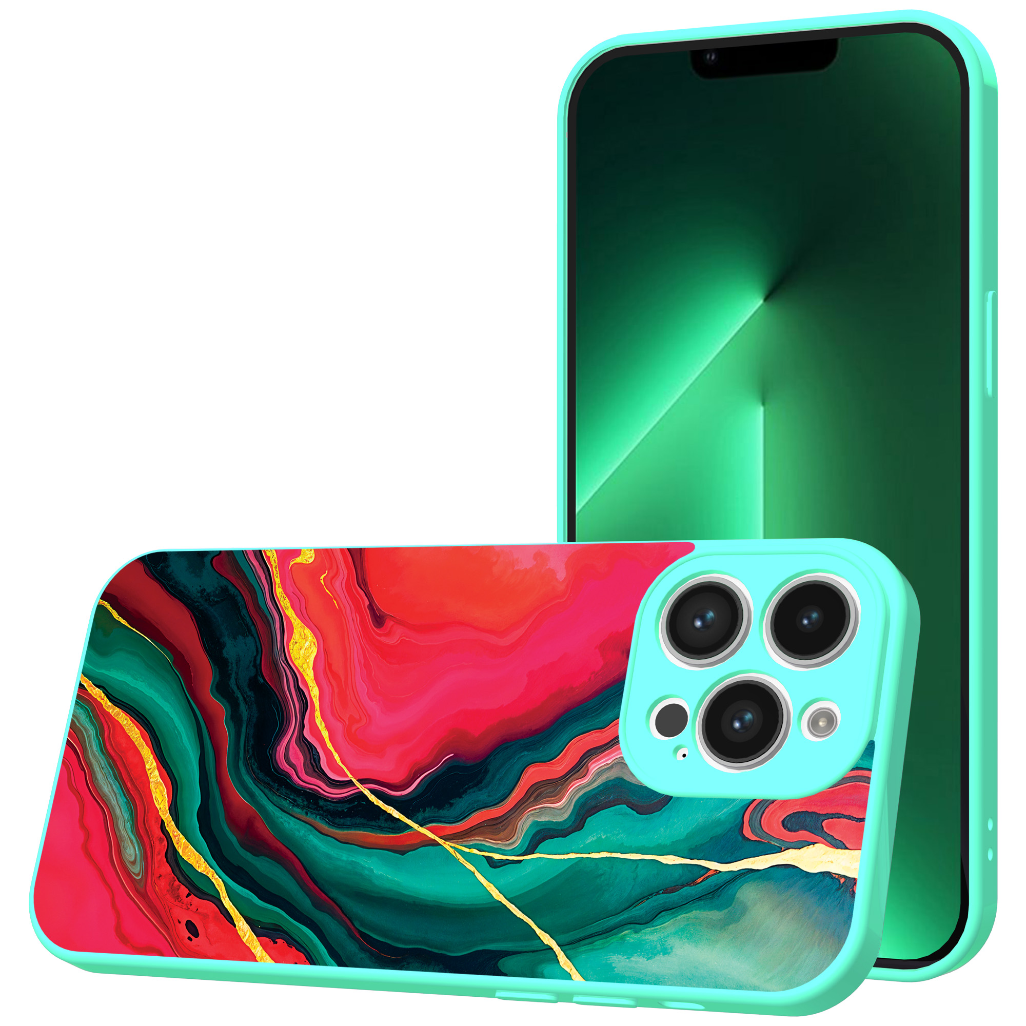iPhone 13 Pro Max telefoonhoesje met rood groen marmer opdruk turqoise (1)