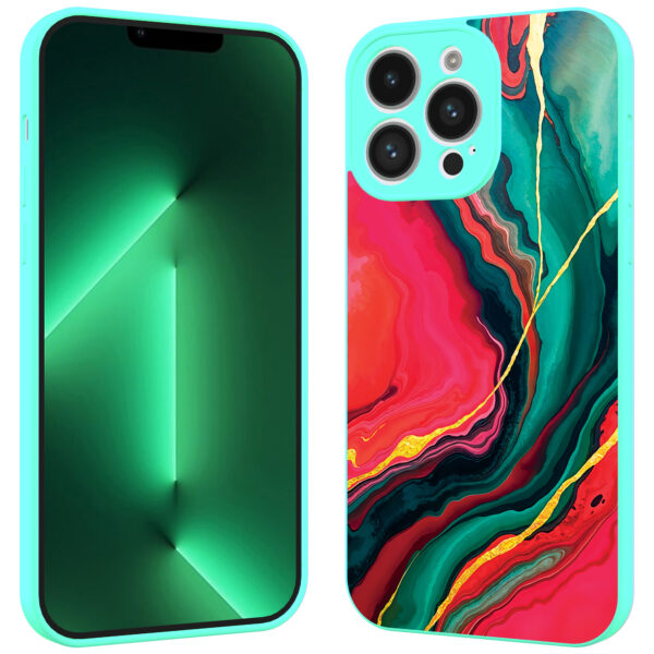 iPhone 13 Pro Max telefoonhoesje met rood groen marmer opdruk turqoise (2)