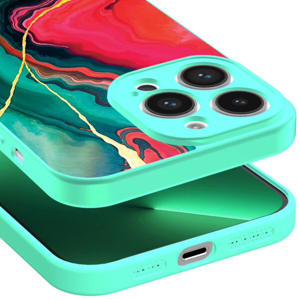 iPhone 13 Pro Max telefoonhoesje met rood groen marmer opdruk turqoise (3)