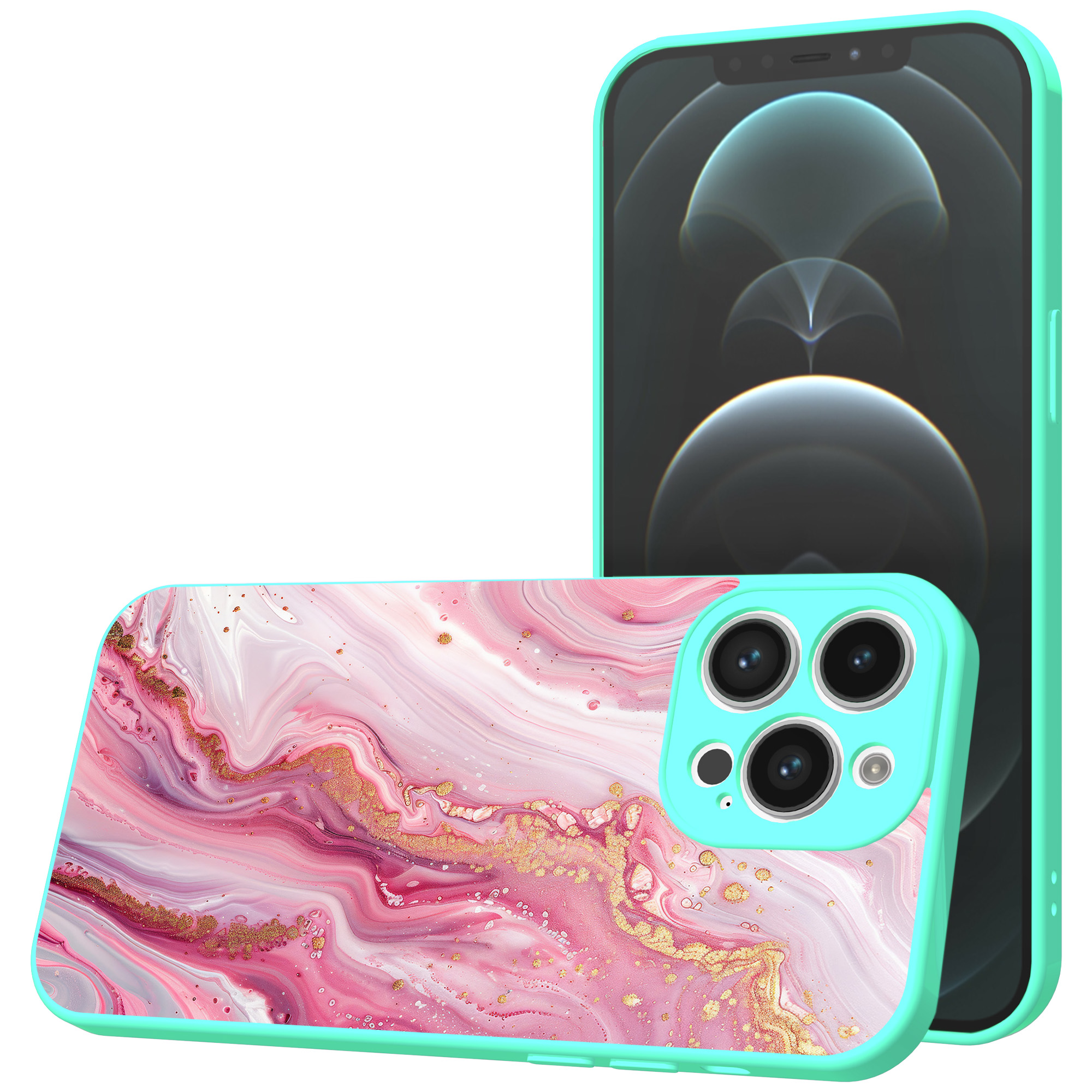 iPhone 13 Pro Max telefoonhoesje met roze marmer opdruk turqoise (1)