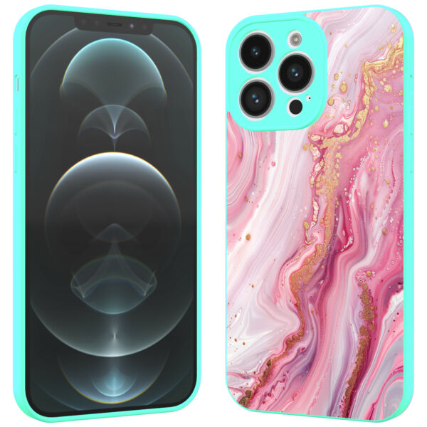 iPhone 13 Pro Max telefoonhoesje met roze marmer opdruk turqoise (2)