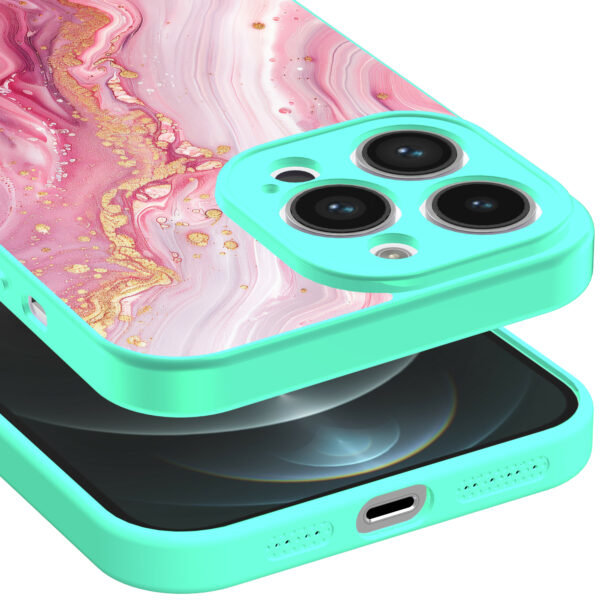 iPhone 13 Pro Max telefoonhoesje met roze marmer opdruk turqoise (3)