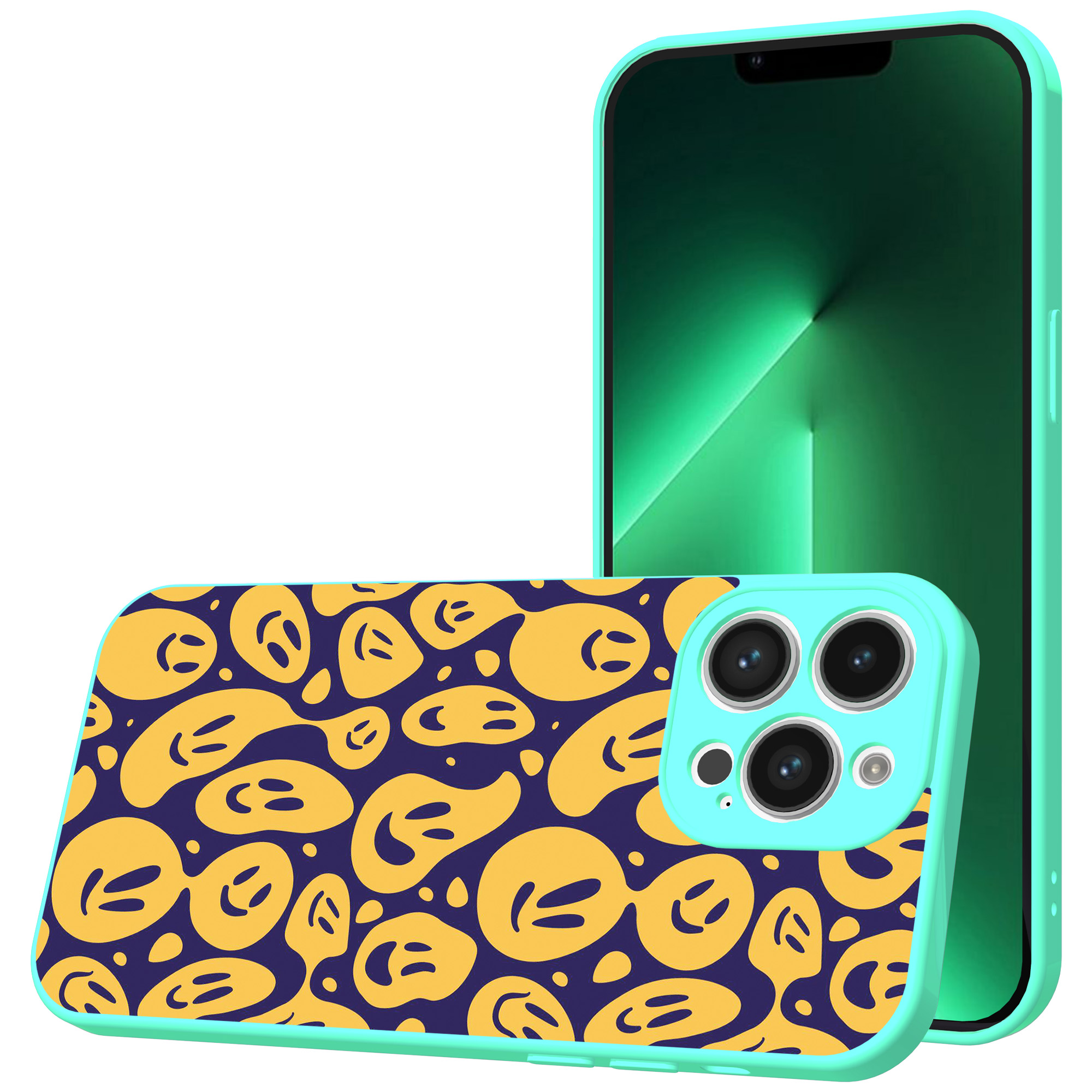 iPhone 13 Pro Max telefoonhoesje met smileys opdruk turqoise (1)