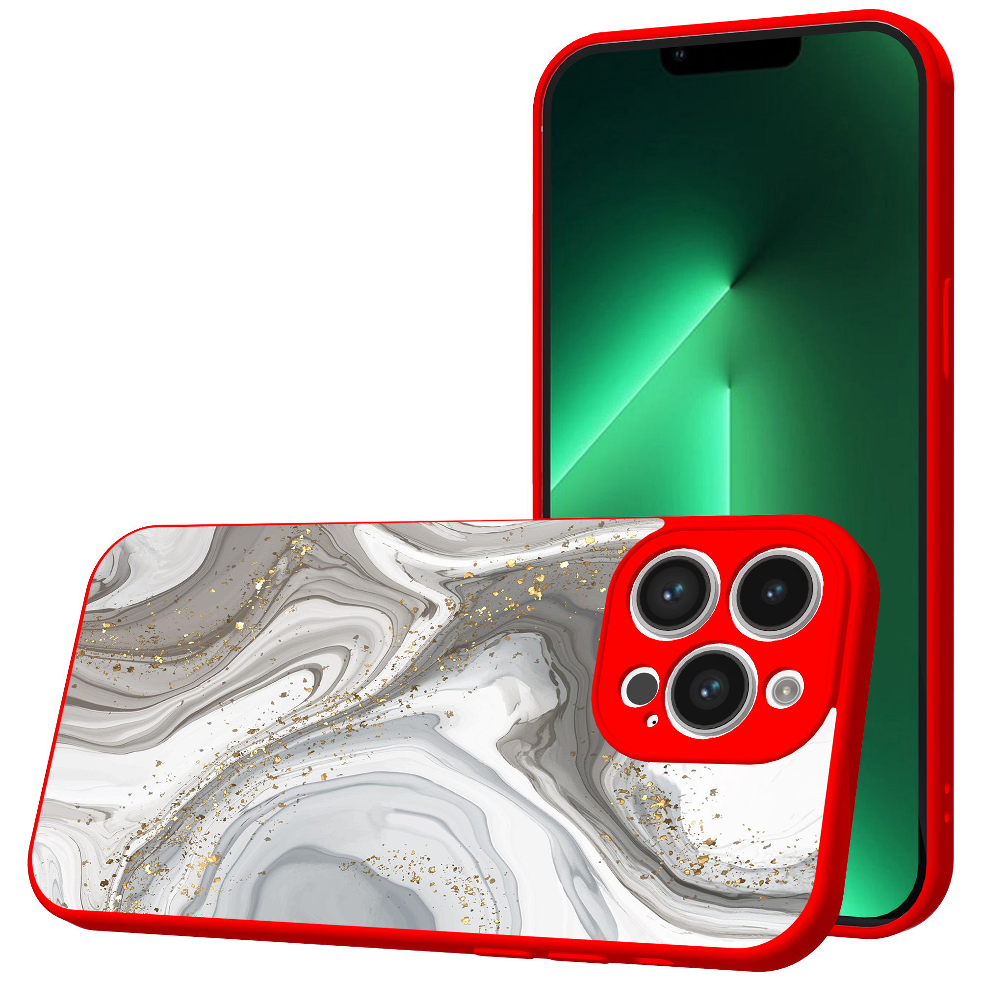 iPhone 13 Pro Max telefoonhoesje met zilver marmer opdruk rood (1)