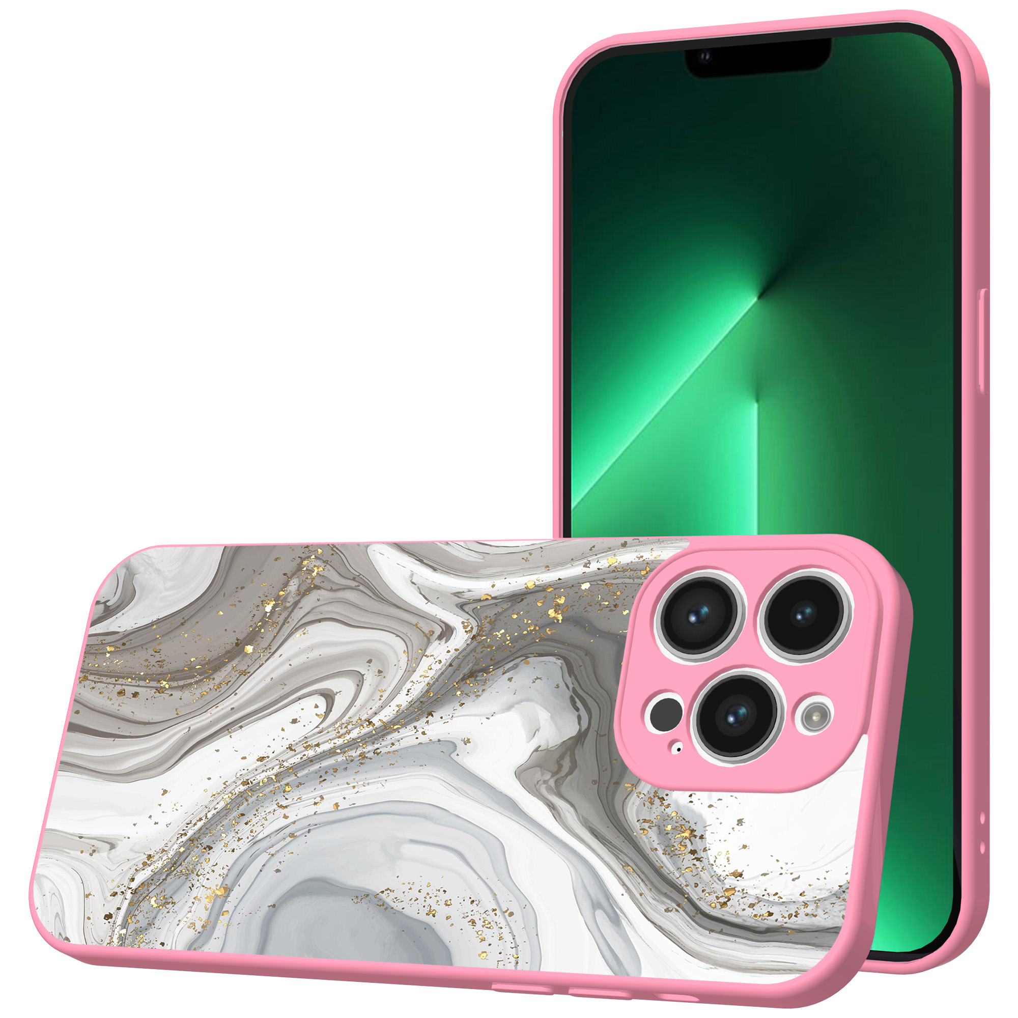 iPhone 13 Pro Max telefoonhoesje met zilver marmer opdruk roze (1)