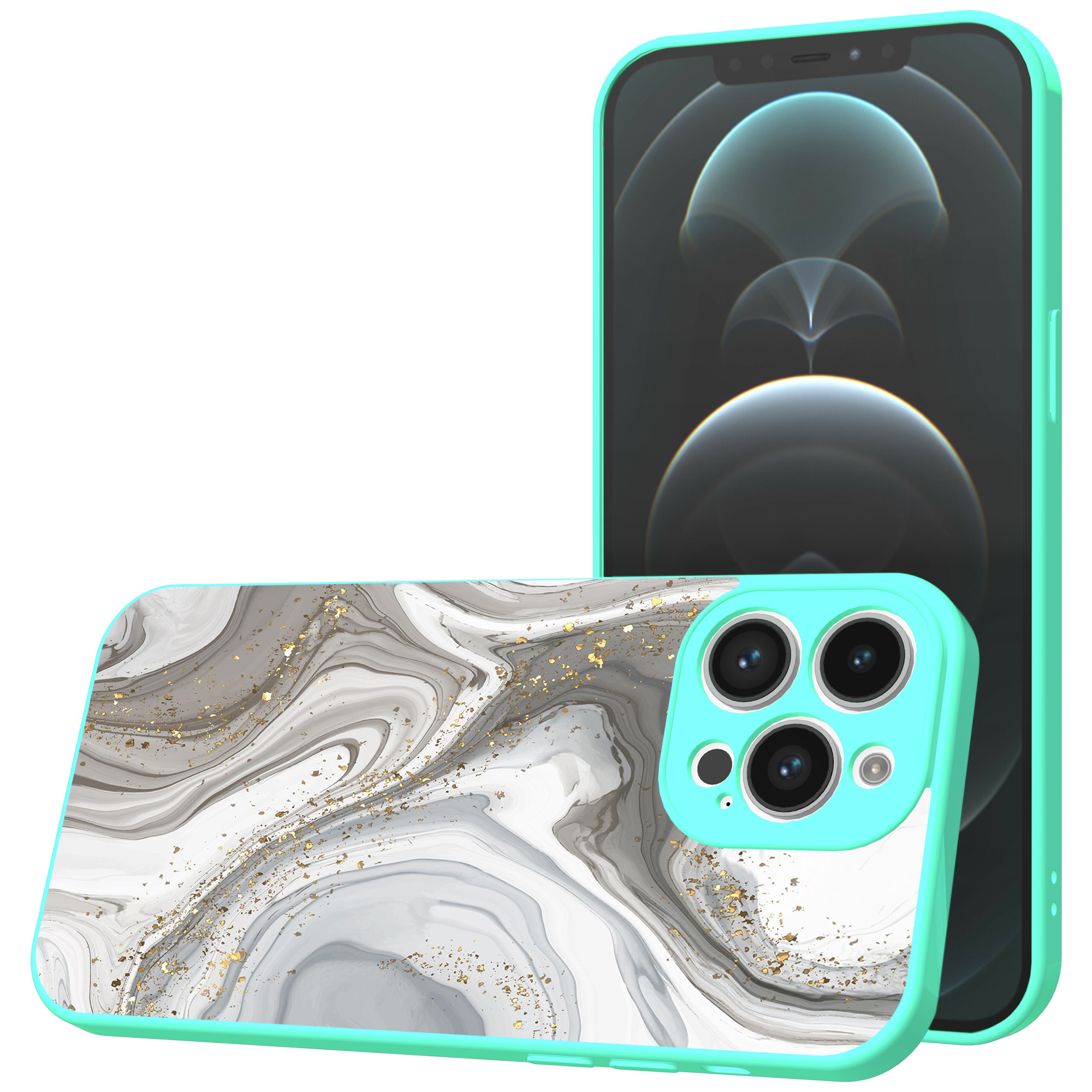 iPhone 13 Pro Max telefoonhoesje met zilver marmer opdruk turqoise (1)
