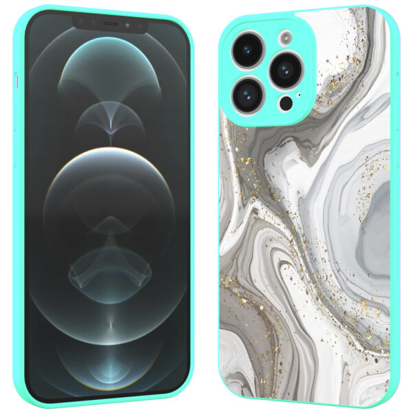 iPhone 13 Pro Max telefoonhoesje met zilver marmer opdruk turqoise (2)