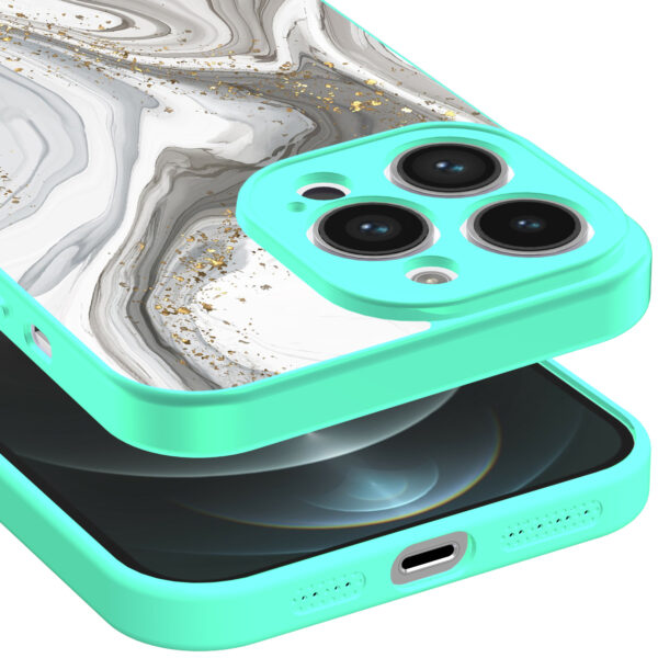 iPhone 13 Pro Max telefoonhoesje met zilver marmer opdruk turqoise (3)