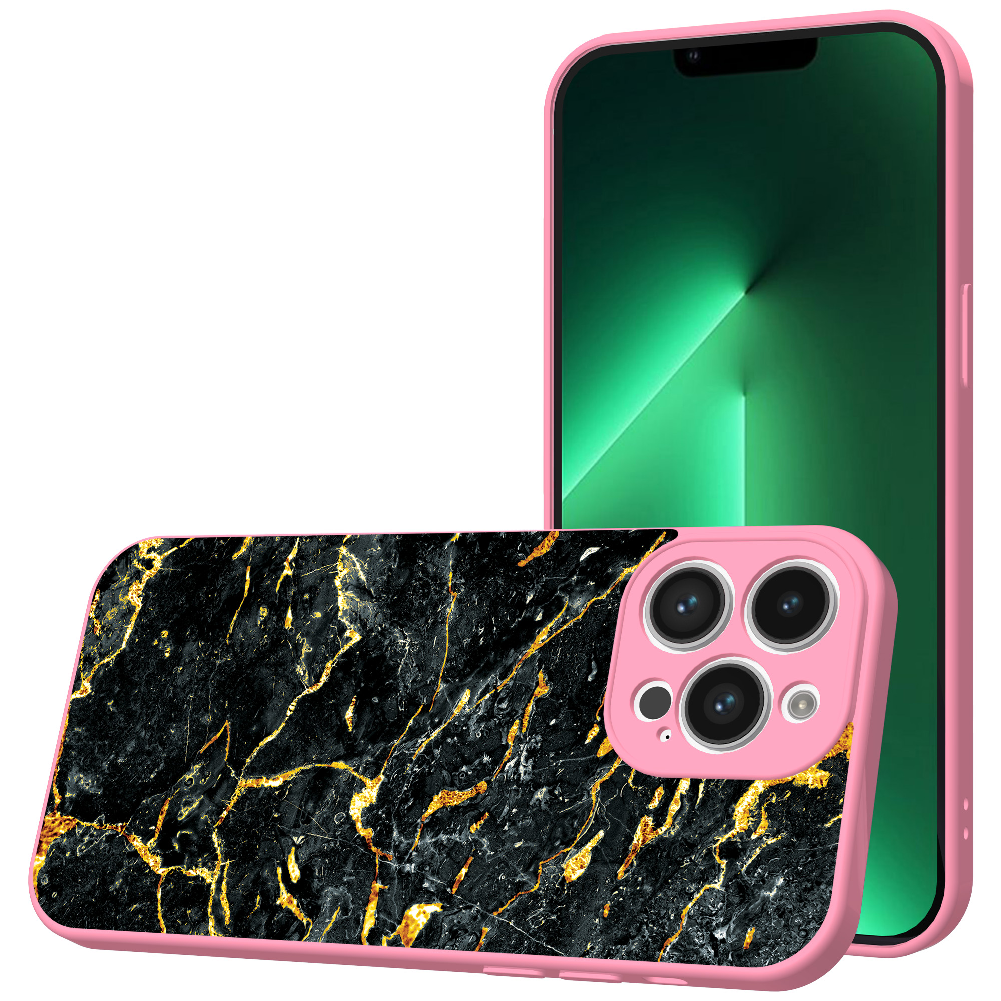 iPhone 13 Pro Max telefoonhoesje met zwart goud marmer opdruk roze (1)