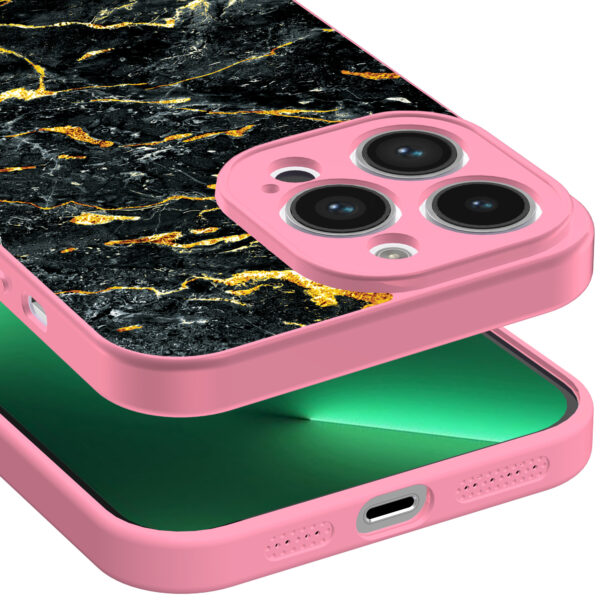 iPhone 13 Pro Max telefoonhoesje met zwart goud marmer opdruk roze (3)