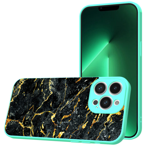 iPhone 13 Pro Max telefoonhoesje met zwart goud marmer opdruk turqoise (1)