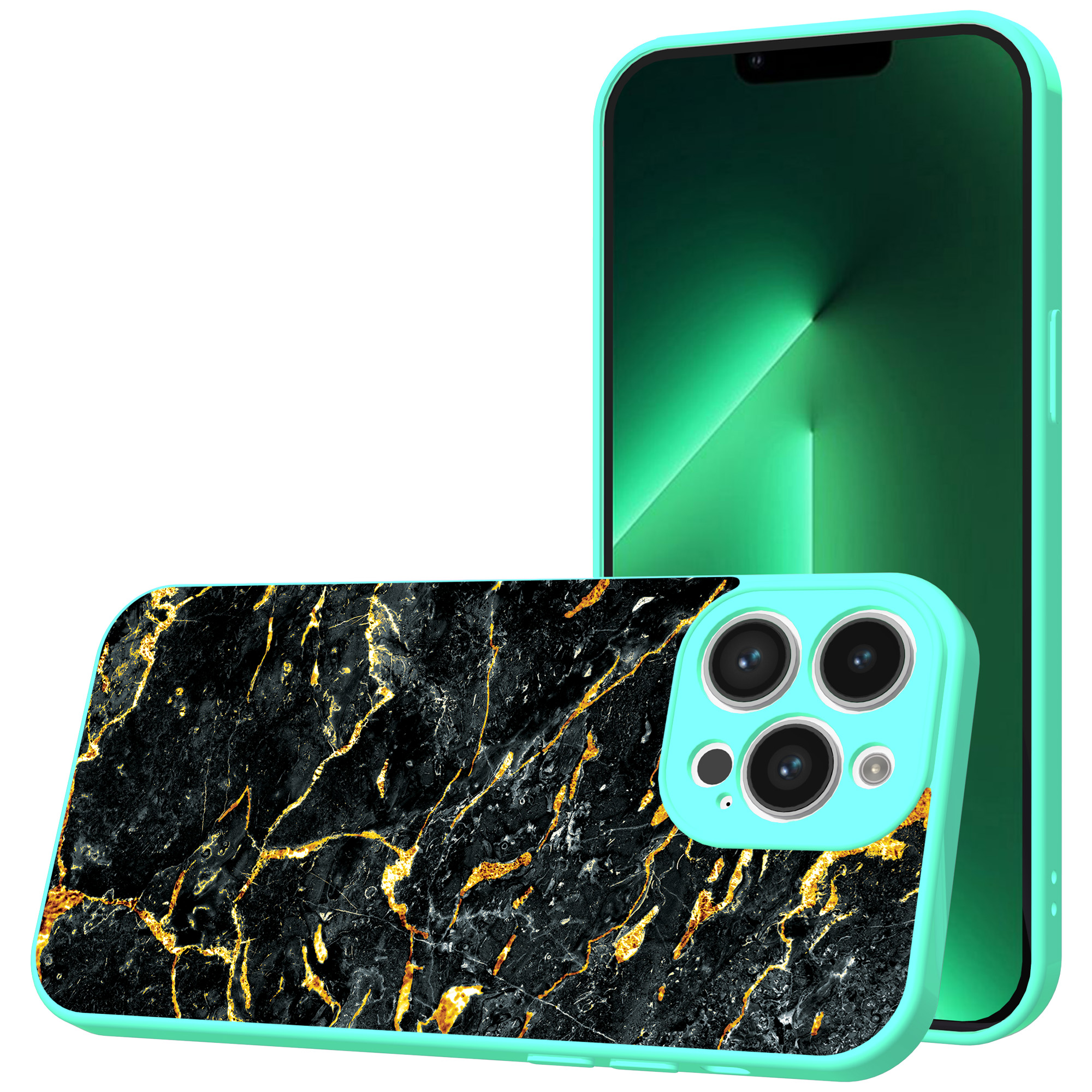 iPhone 13 Pro Max telefoonhoesje met zwart goud marmer opdruk turqoise (1)