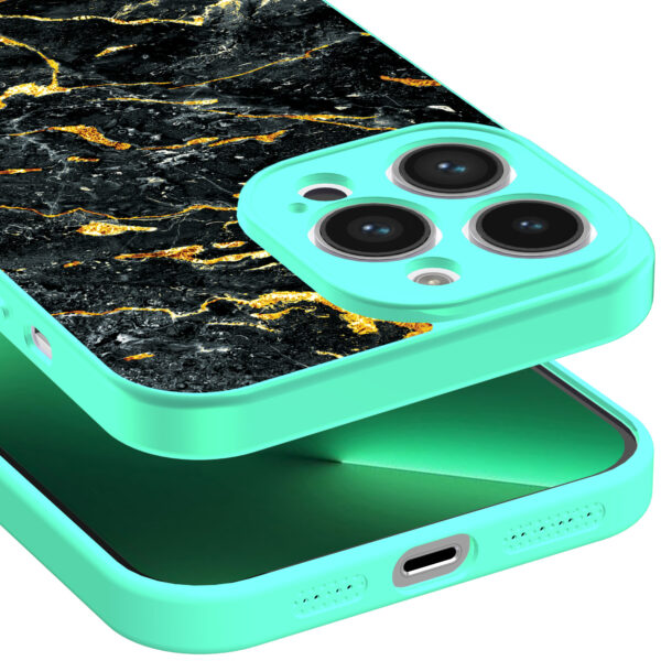 iPhone 13 Pro Max telefoonhoesje met zwart goud marmer opdruk turqoise (3)