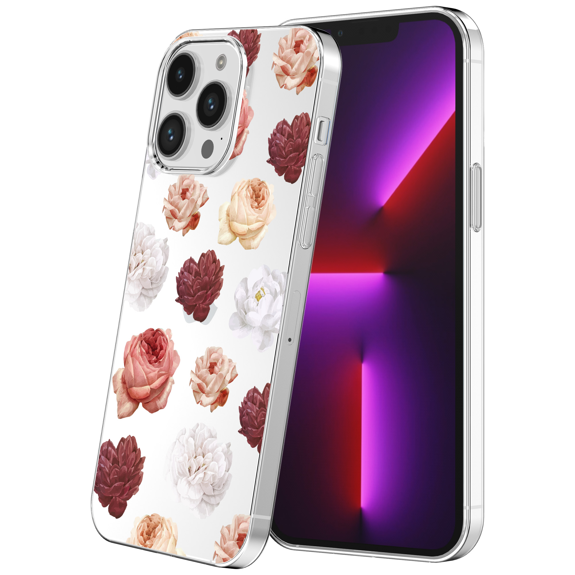 iPhone 13 Pro Max transparant telefoonhoesje met bloemen en rozen opdruk (1)