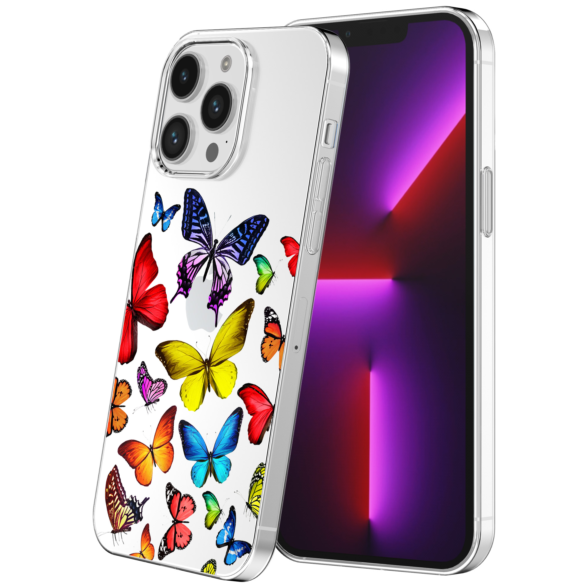iPhone 13 Pro Max transparant telefoonhoesje met gekleurde vlinder opdruk (1)