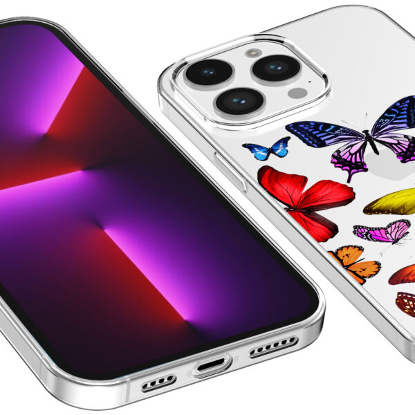 iPhone 13 Pro Max transparant telefoonhoesje met gekleurde vlinder opdruk (3)