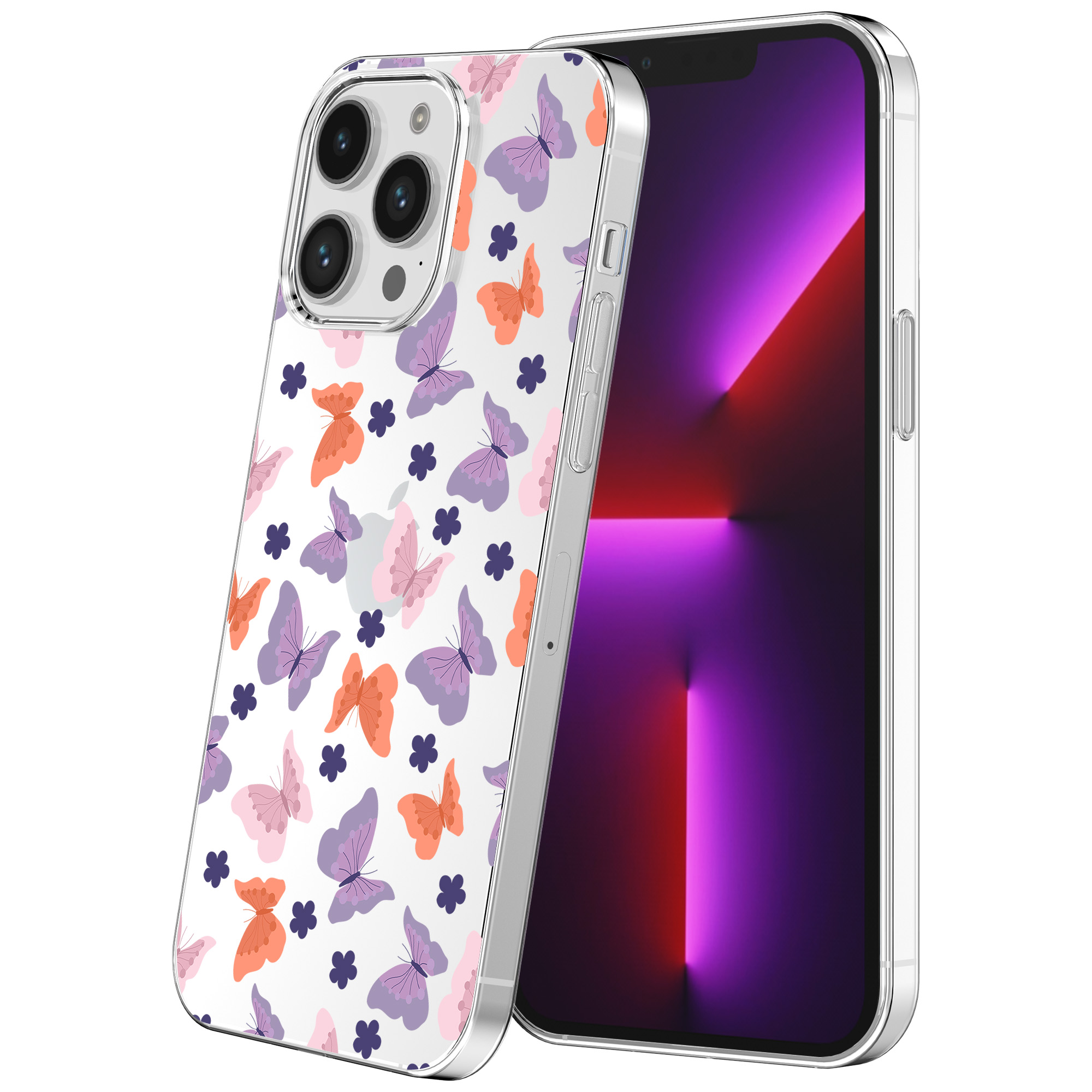 iPhone 13 Pro Max transparant telefoonhoesje met paars roze oranje vlinder opdruk (1)