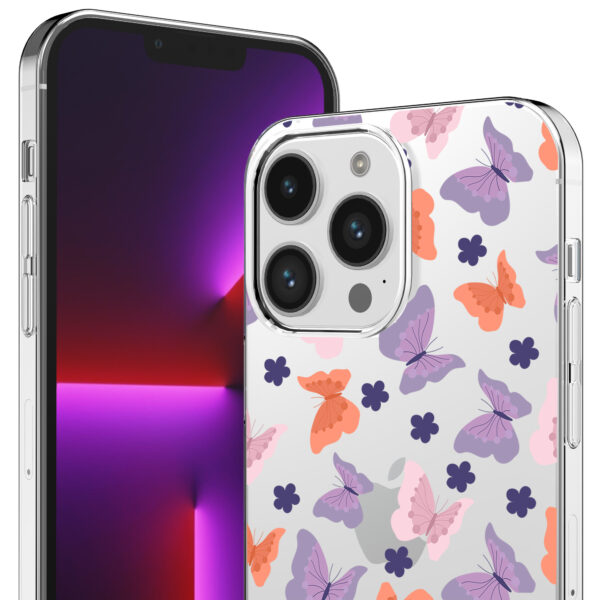 iPhone 13 Pro Max transparant telefoonhoesje met paars roze oranje vlinder opdruk (2)