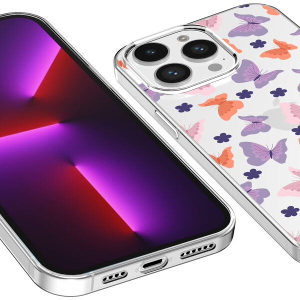 iPhone 13 Pro Max transparant telefoonhoesje met paars roze oranje vlinder opdruk (3)